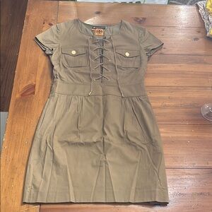 Tory Burch Khaki Lace-Up Short Sleeve Dress Skort Gold Hardware S Excellent cond